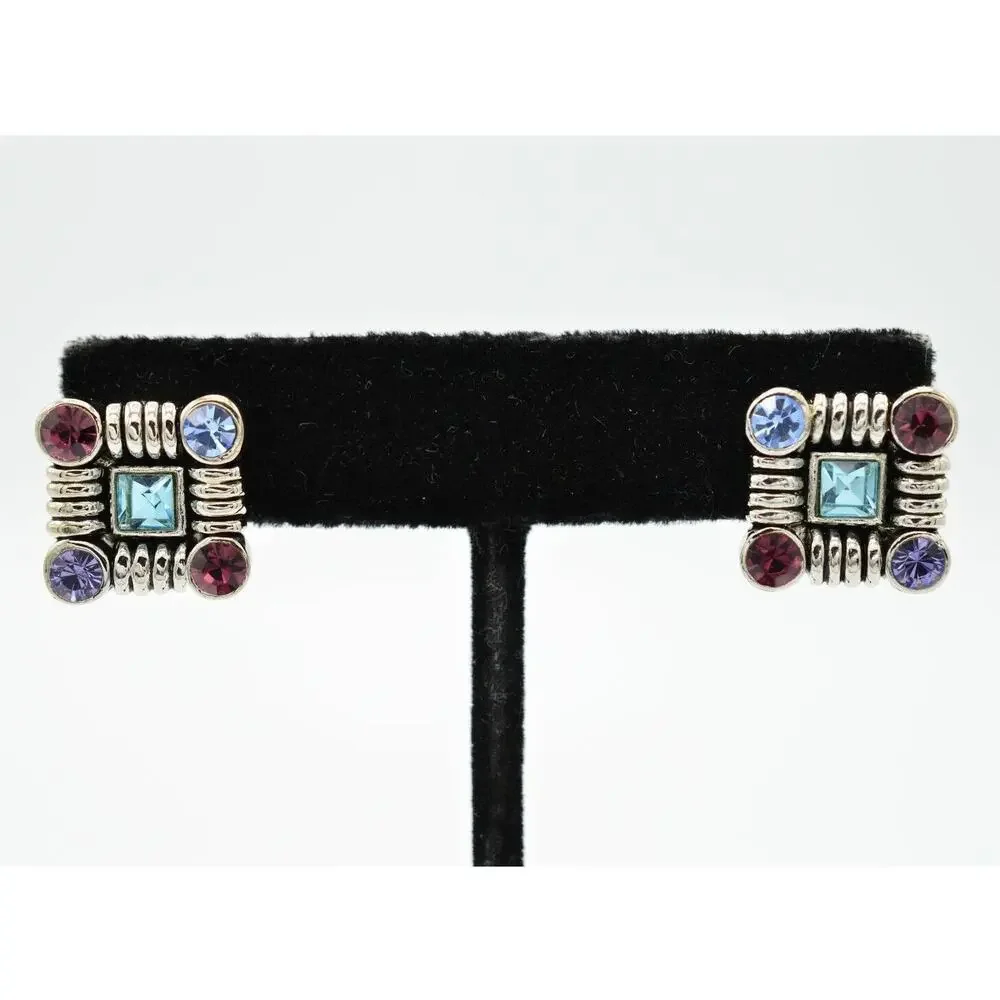 Vintage Stud Earrings Shiny Rhinestone Crystal Square Blue Purple Silver Bin4